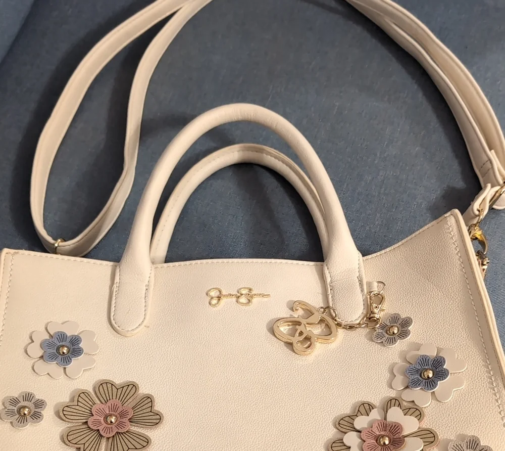 Jessica Simpson Cream Floral Applique Satchel with Gold Charm